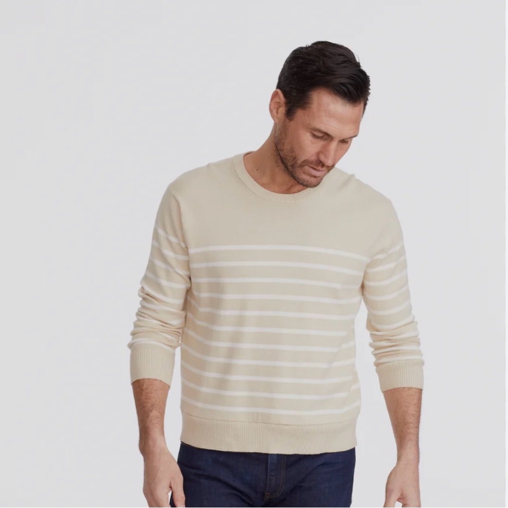 UNTUCKit Men's Tan and Cream Striped Crewneck Sweater, Size M